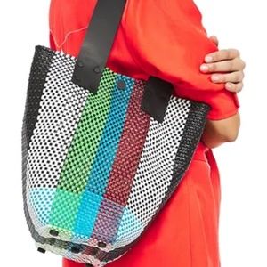 TRUSS NYC Le Sac leather-trimmed raffia-effect shoulder bag